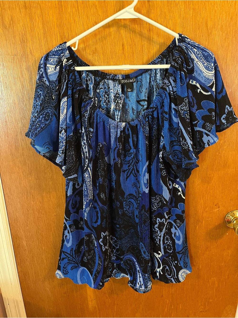 Roz & Ali Blue and Black Paisley Pleated Flutter Top